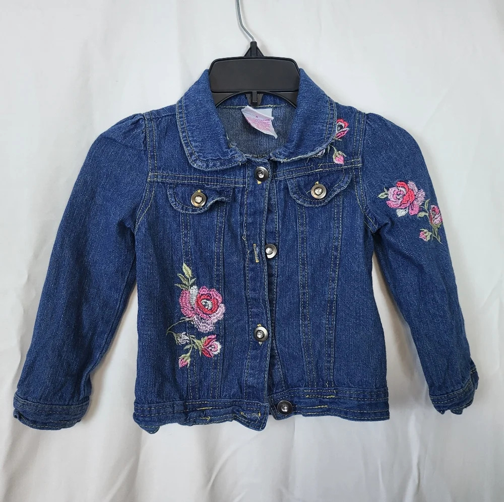 Vintage Nannette Kids Girls Pink Floral‎ Embroidered Blue Denim Jacket Size 4